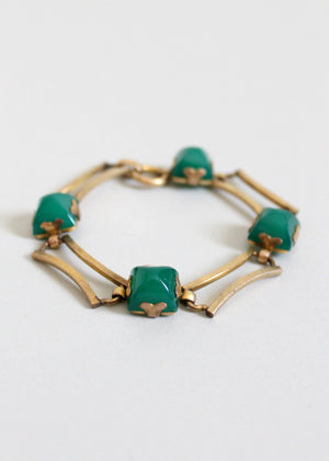 Vintage 1930s Art Deco Green Glass and Brass Bracelet