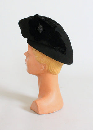 Vintage 1930s Art Deco Black Flower Beret Hat