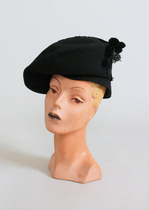 Vintage 1930s Art Deco Black Flower Beret Hat