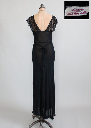 Vintage 1930s Black Crepe and Lace Nightgown