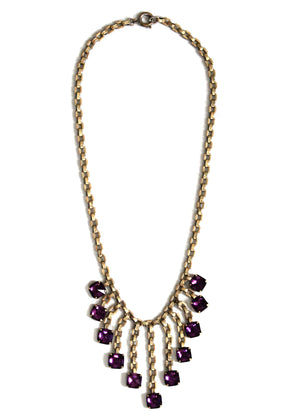 Vintage 1940s Brass and Purple Glass Bib Necklace