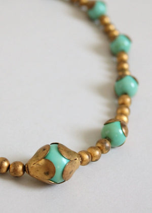 Vintage 1930s Jade Glass and Brass Choker Necklace