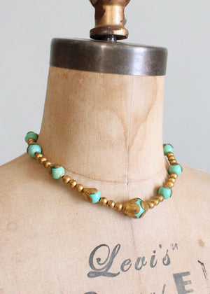 Vintage 1930s Jade Glass and Brass Choker Necklace