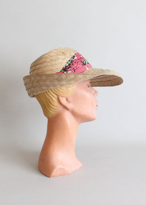 Vintage 1930s straw hat with floral scarf