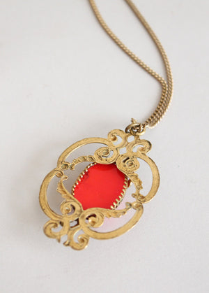 Vintage 1930s Red Glass and Brass Pendant Necklace