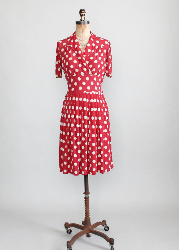 red white polka dot dress Vintage Late 1930s Red Rayon Polka Dot Swing Dress