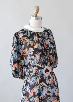 Vintage 1930s Abstract Print Silk Chiffon Dress