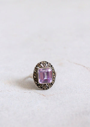 Vintage 1930s Amethyst Glass and Marcasite Cocktail Ring