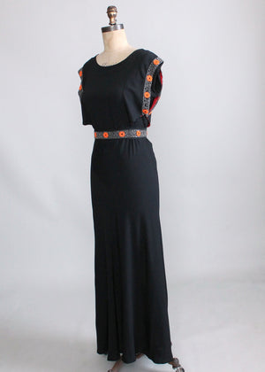 Vintage 1930s Black Crepe Tangerine Beaded Evening Dress