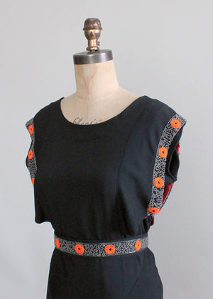 Vintage 1930s Black Crepe Tangerine Beaded Evening Dress