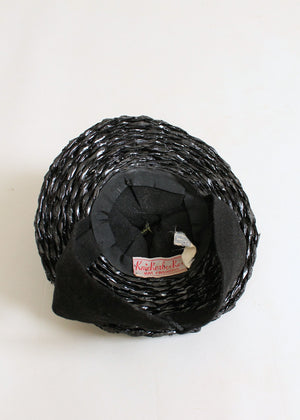 Vintage 1930 Black Flowers Straw Tilt Hat