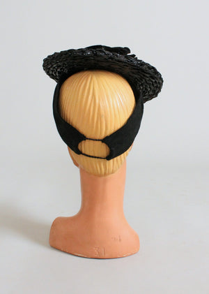 Vintage 1930 Black Flowers Straw Tilt Hat