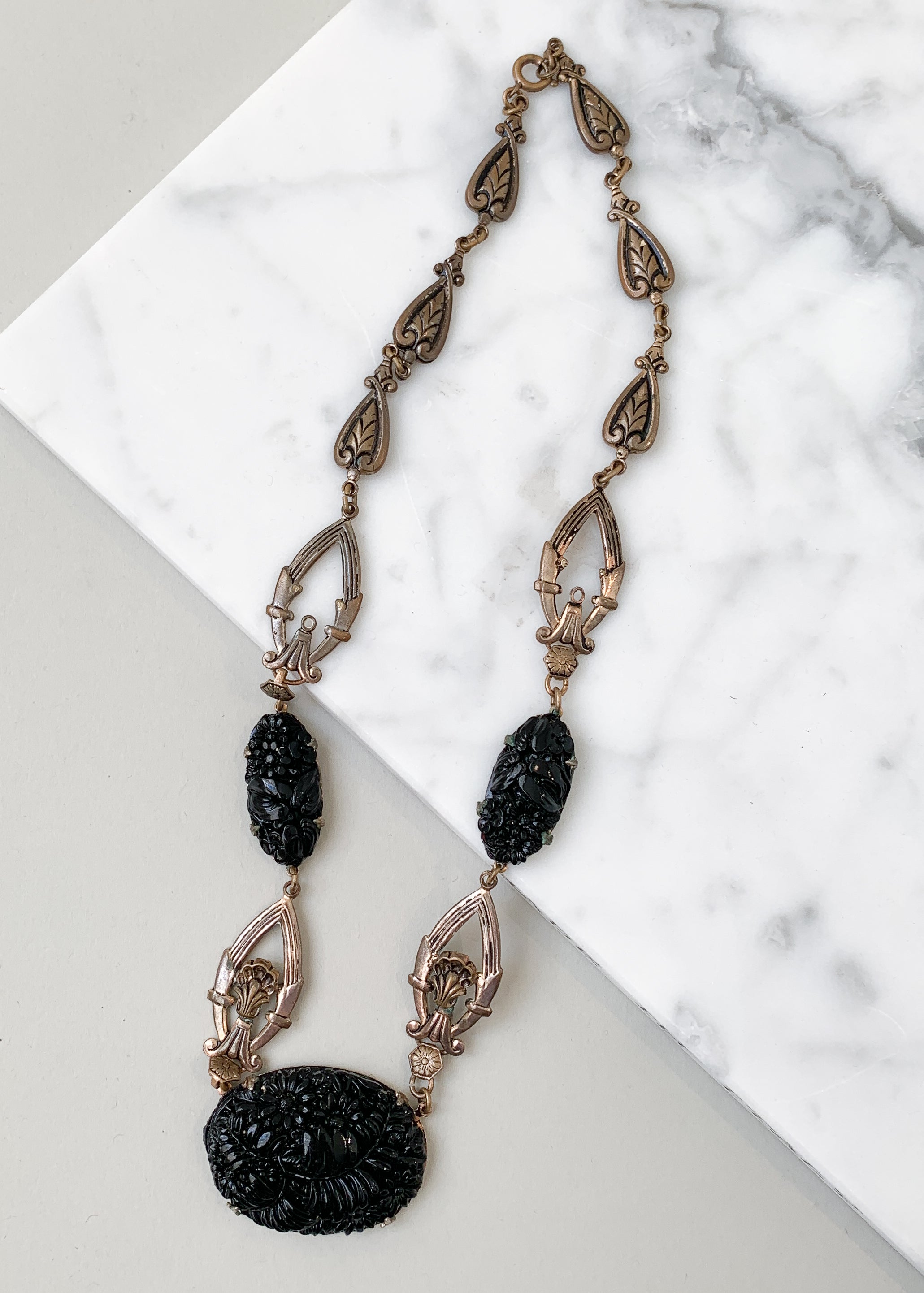 Vintage 1930s Black Glass and Brass Necklace