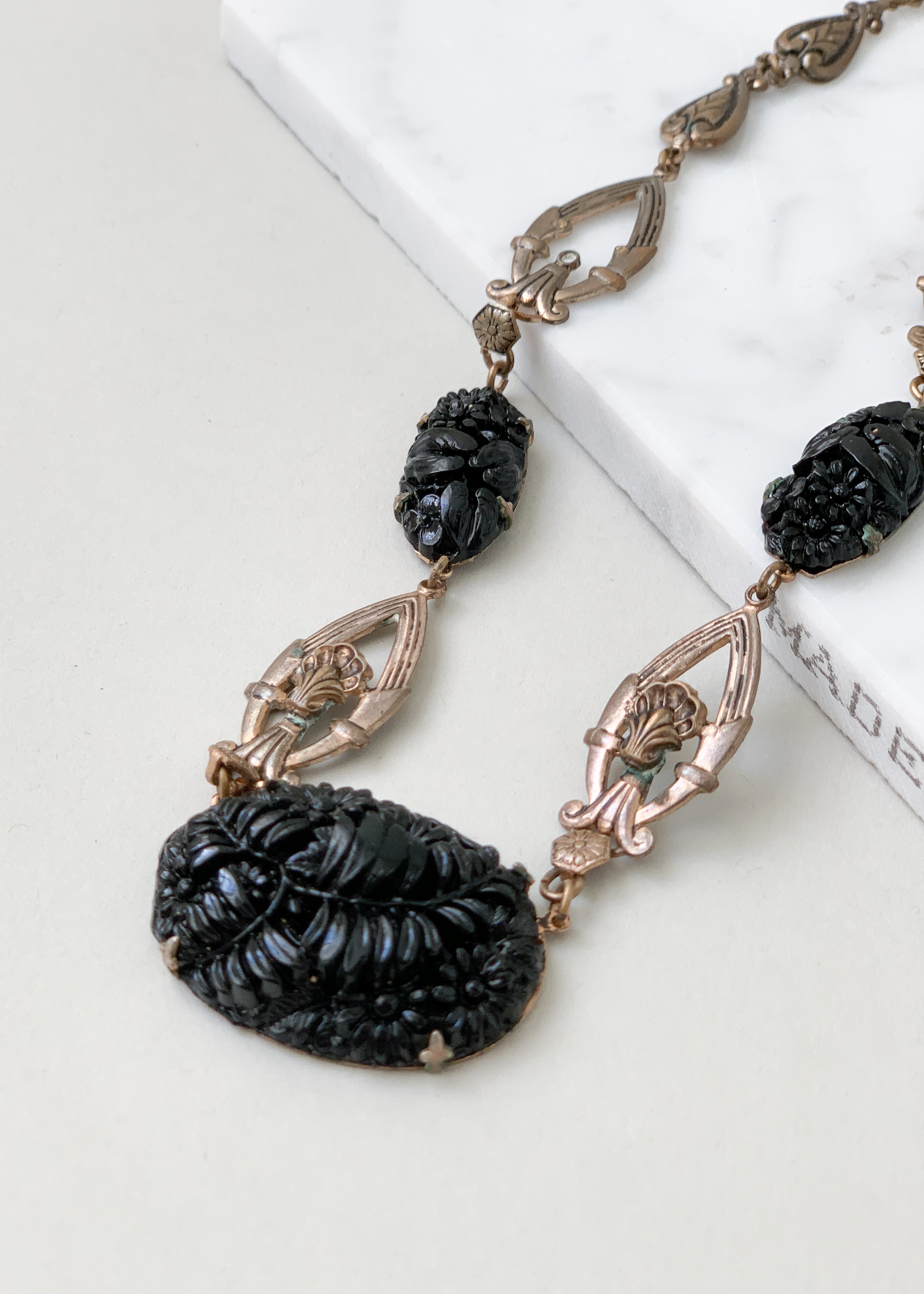 Vintage 1930s Black Glass and Brass Necklace