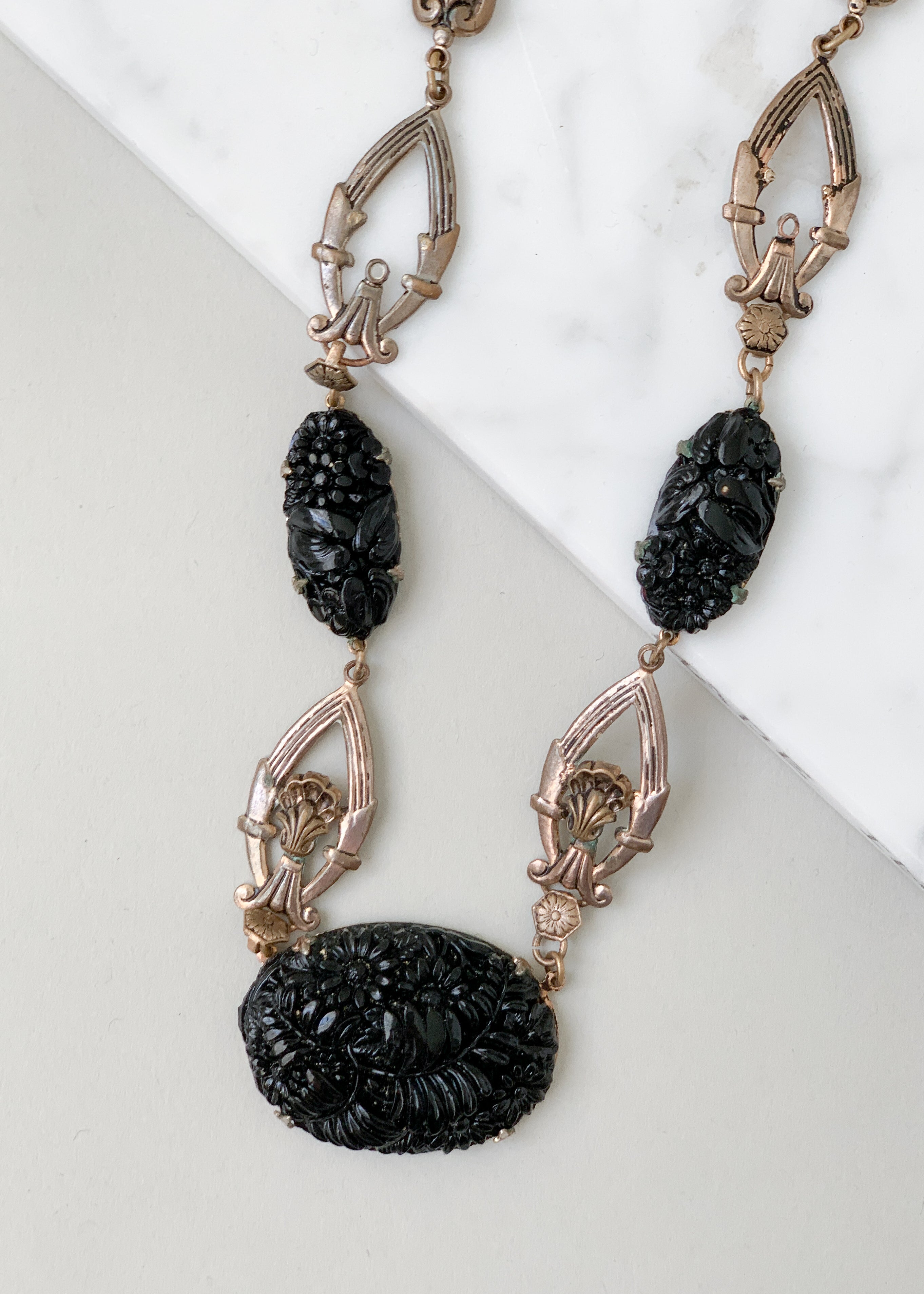 Vintage 1930s Black Glass and Brass Necklace