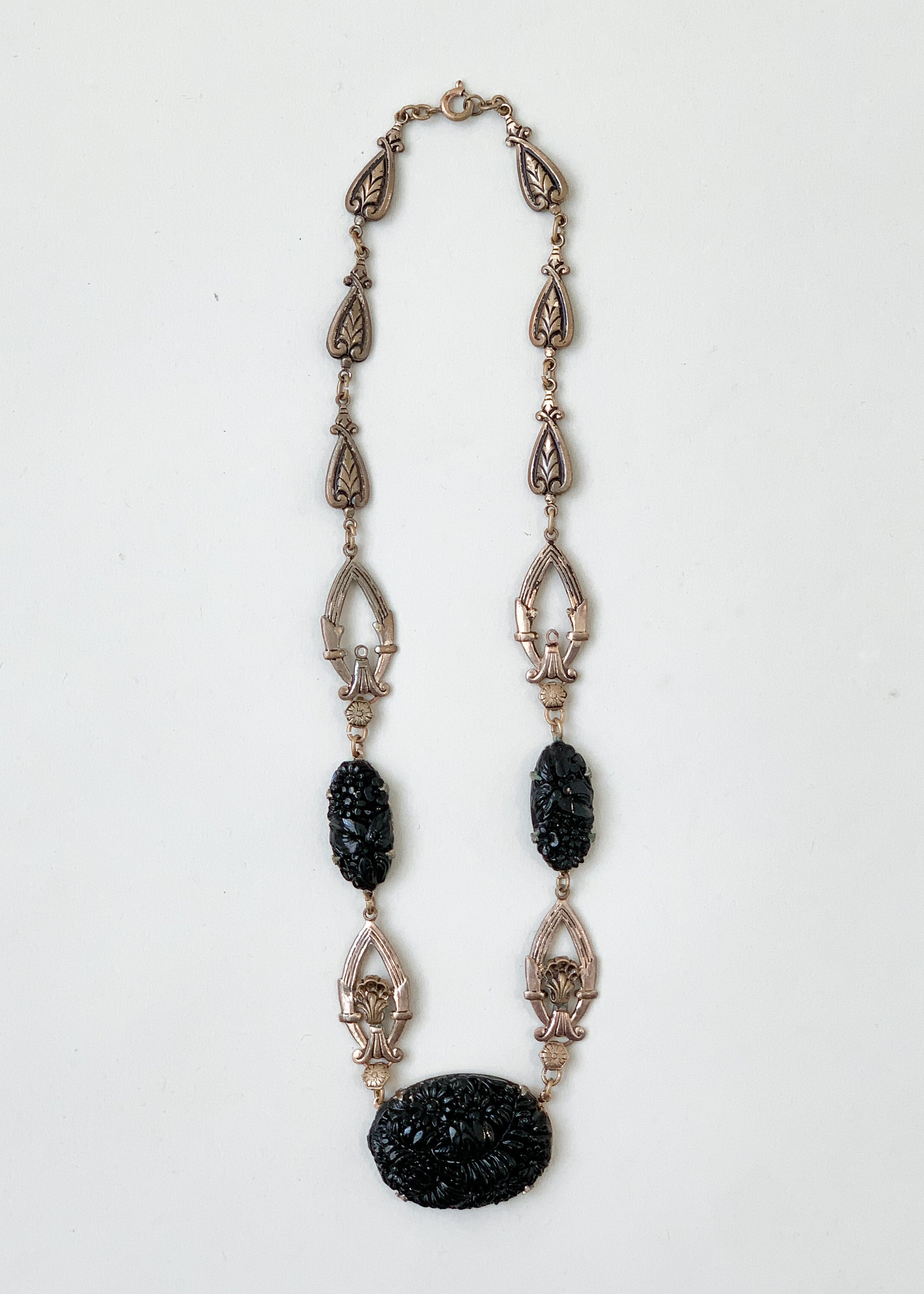 Vintage 1930s Black Glass and Brass Necklace