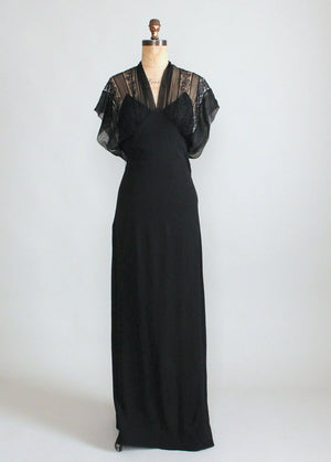 Vintage 1930s Black Lace and Crepe Evening Dress