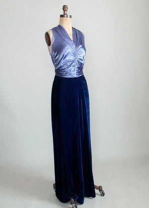 Vintage 1930s Blue Velvet and Satin Cage Back Evening Dress