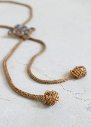 Vintage 1940s Brass and Blue Glass Adjustable Lariat Necklace
