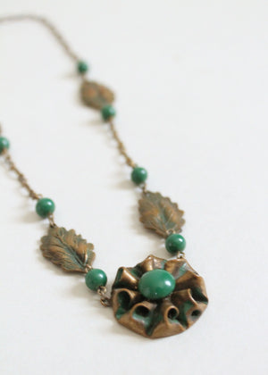 Vintage 1930s Brass and Green Glass Necklace