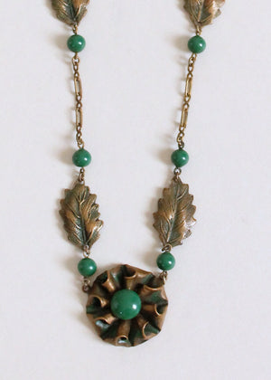 Vintage 1930s Brass and Green Glass Necklace