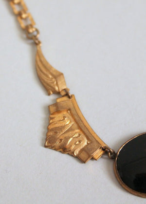 Vintage 1930s Brass Rose and Onyx Necklace