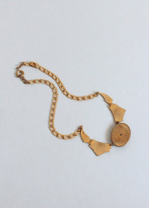 Vintage 1930s Brass Rose and Onyx Necklace