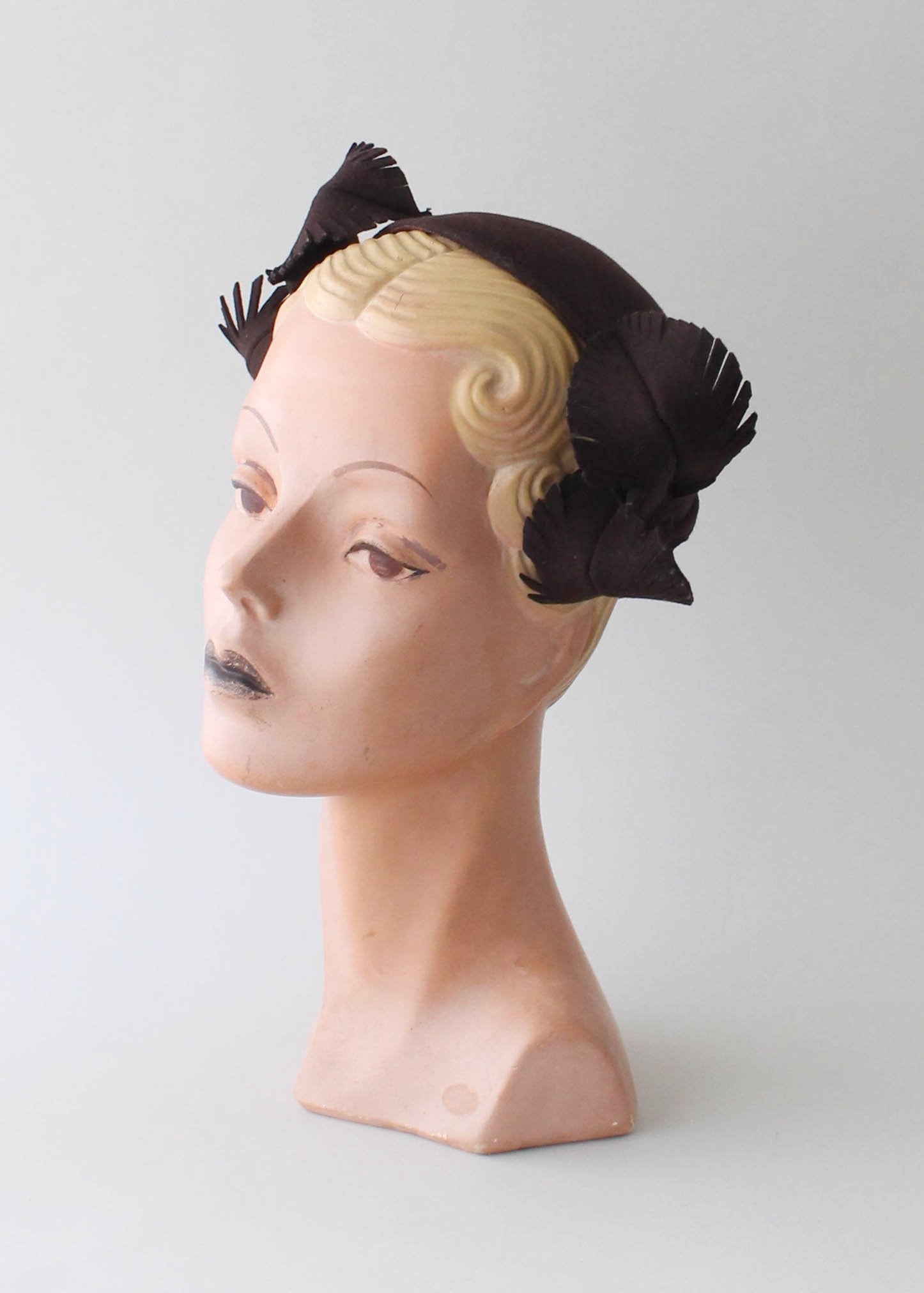 Vintage 1930s Brown Felt Cap with Art Deco Leaves