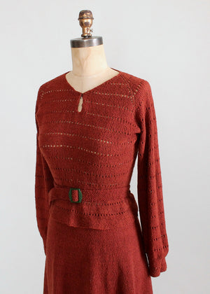Vintage 1930s Brown Knit Sweater and Skirt Dress Set