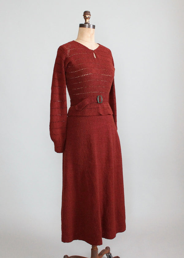 Vintage 1930s Brown Knit Sweater and Skirt Dress Set - Raleigh Vintage