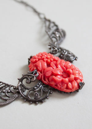 Vintage 1930s Floral Celluloid and Filigree Silver Necklace
