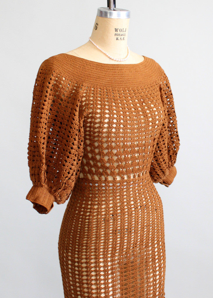Vintage 1930s Brown Summer Crochet Dress