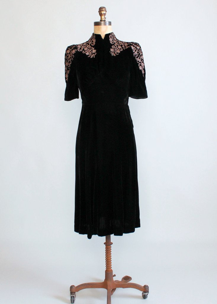 Vintage 1930s Black Velvet Dress with Soutache Shoulders
