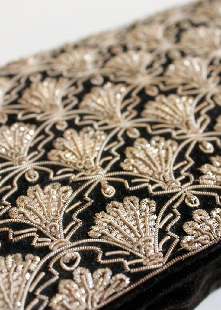 Vintage 1930s Metallic Gold Embroidered Velvet Clutch Purse