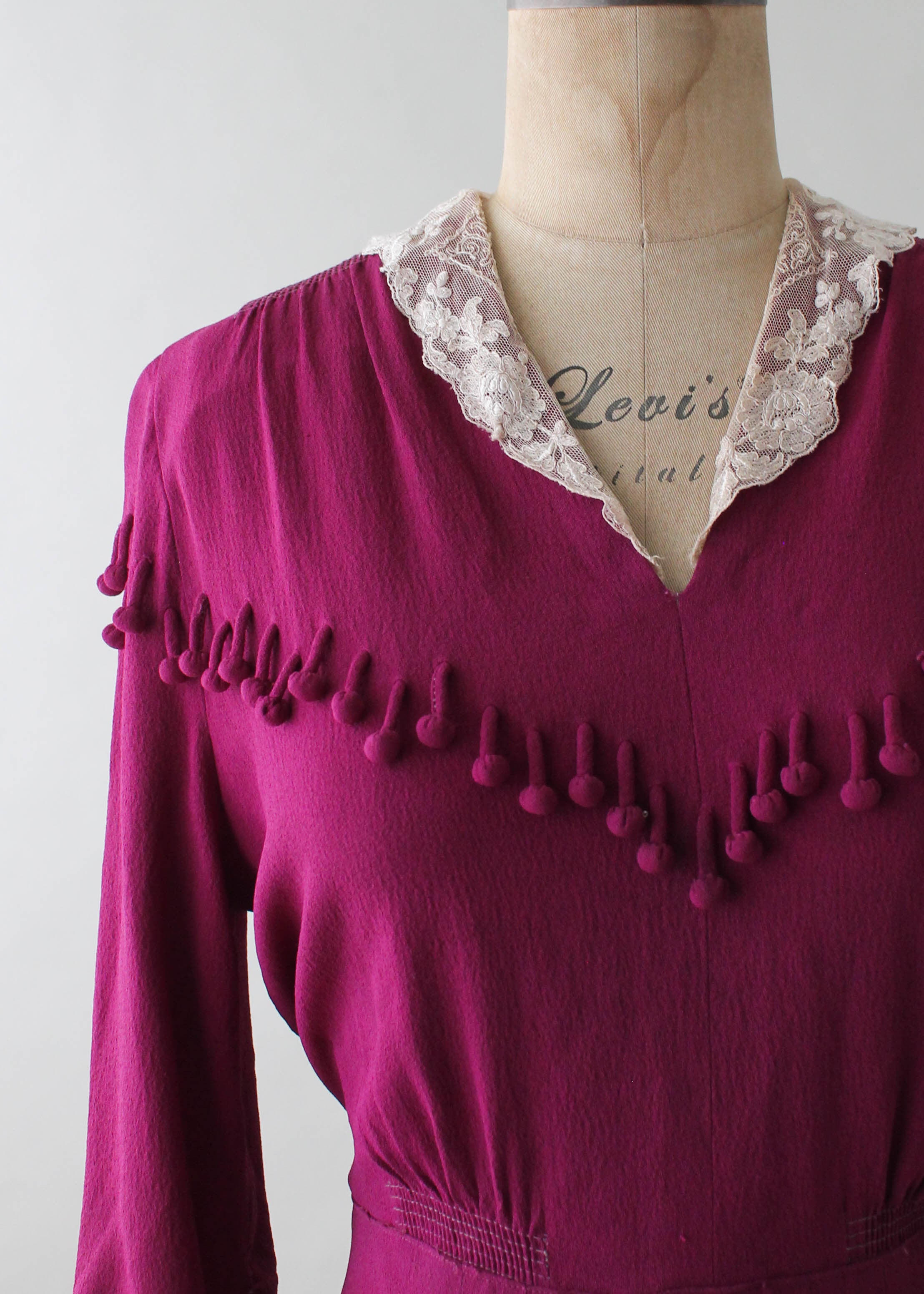 Vintage 1930s Purple Crepe Dress with Ball Fringe
