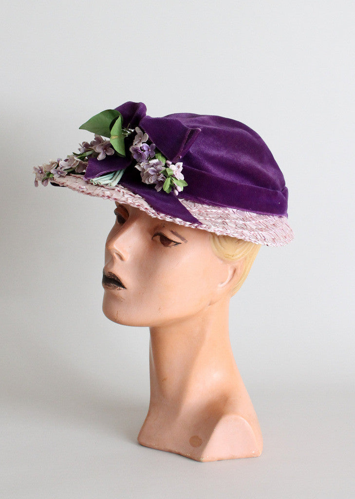 Vintage 1940s Purple Wisteria Straw and Velvet Hat
