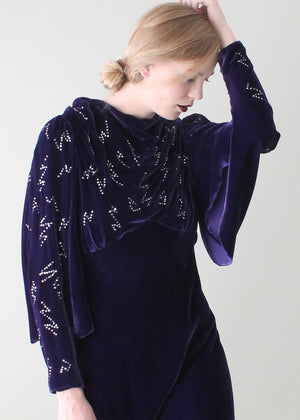 Vintage 1930s Purple Velvet Evening Gown with Rhinestones