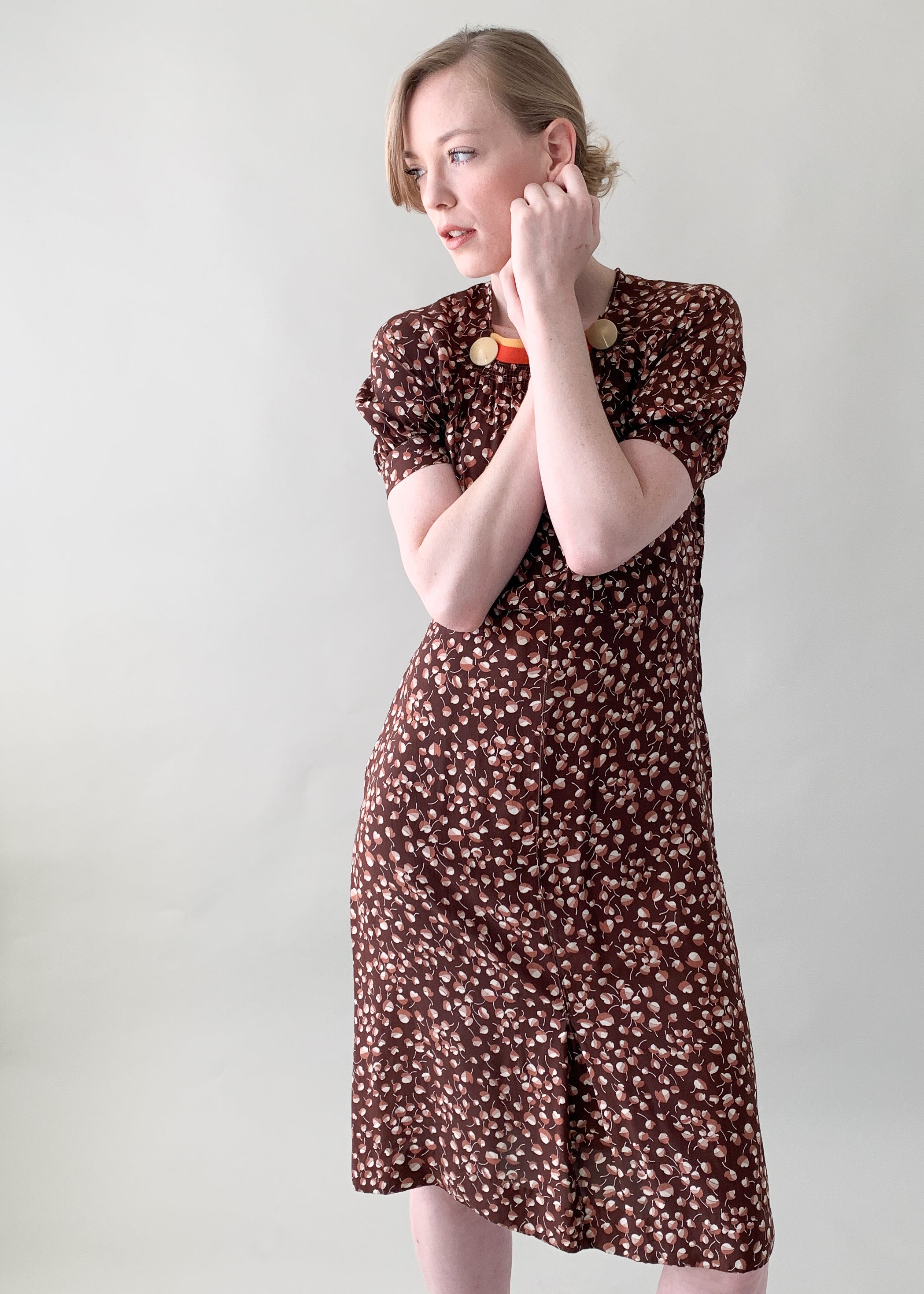 Vintage 1930s Rayon Leaf Print Dress
