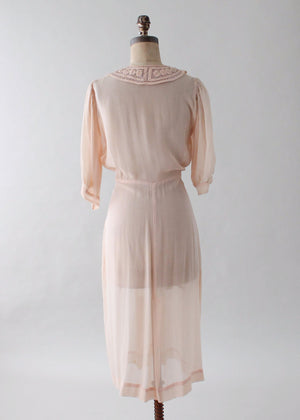 Vintage 1930s Peach Sheer Silk Crepe Day Dress