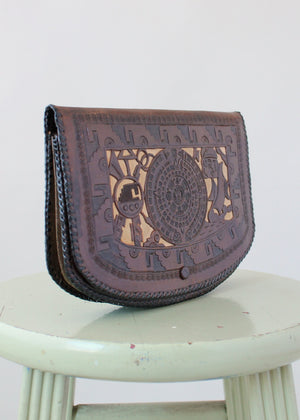 Vintage 1930s Mexican Two Toned Tooled Leather Clutch Purse