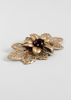 Vintage 1940s Floral Brass and Purple Glass Brooch
