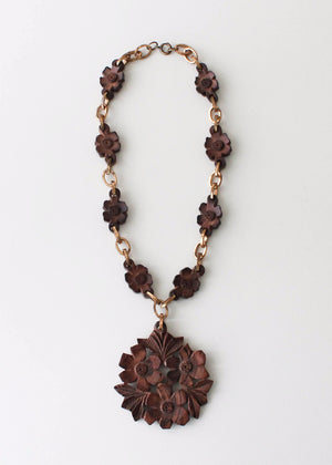 Vintage 1940s  Brass and Carved Wood Flower Necklace