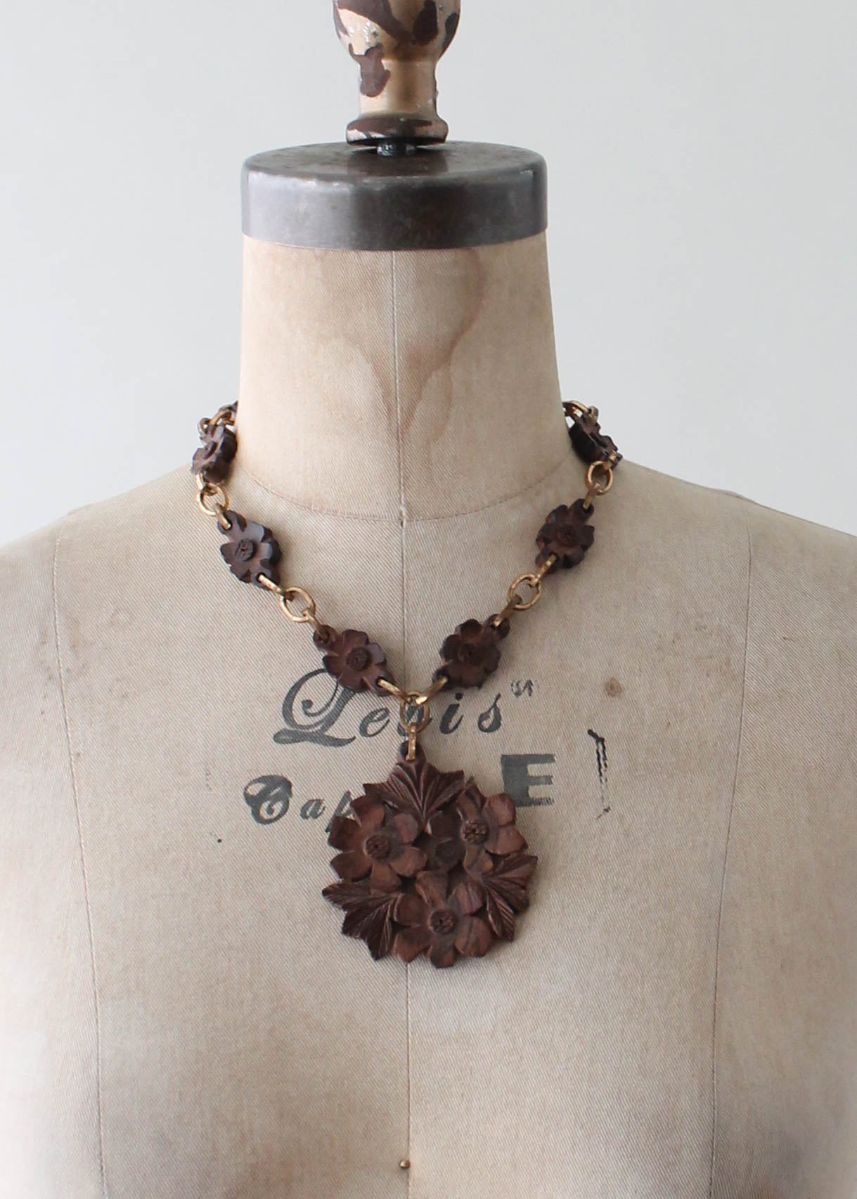 Vintage 1940s Brass and Carved Wood Flower Necklace