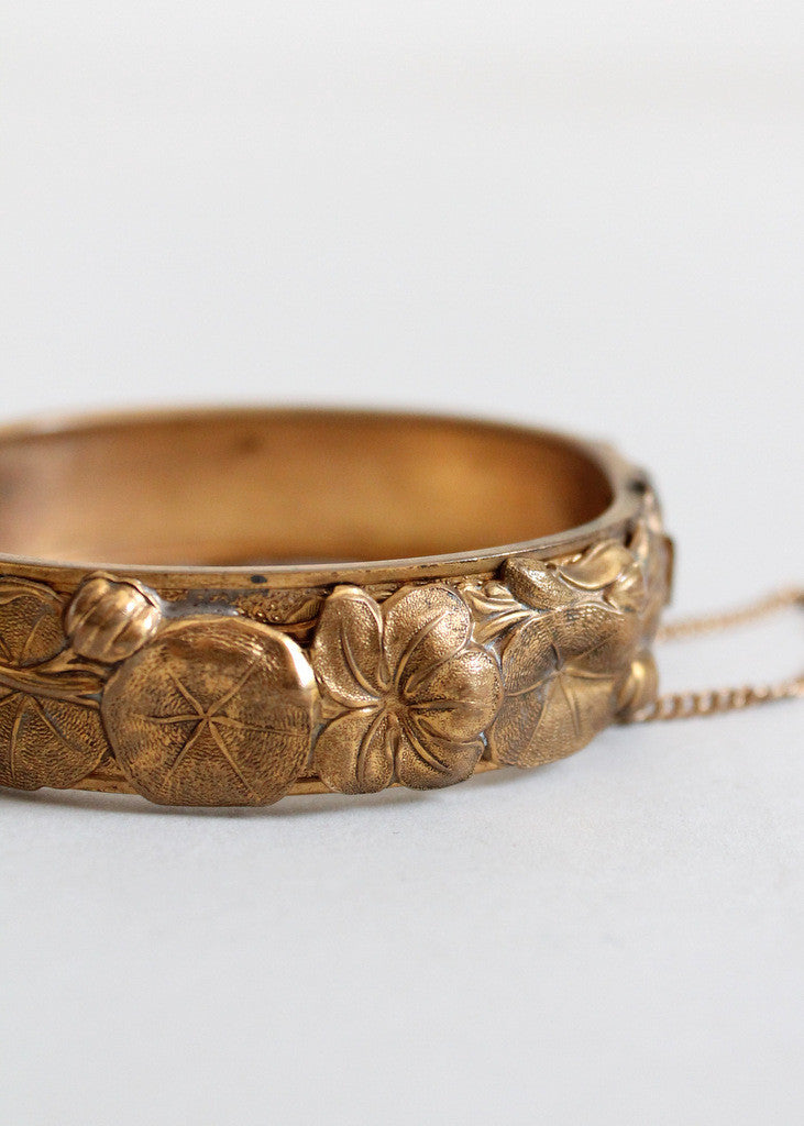 Vintage 1940s Floral Brass Bangle Bracelet