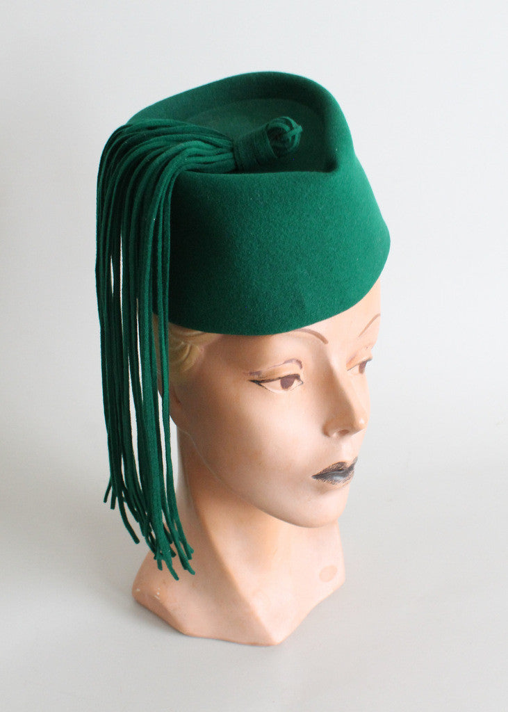 Vintage 1940s Green Felt Tassel Hat