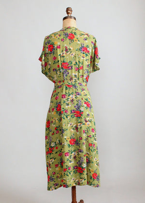 Vintage 1940s Green Floral Rayon Day Dress