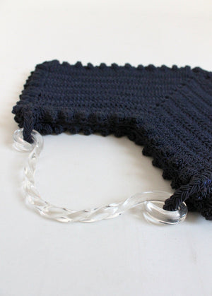 Vintage 1940s Navy Crochet Corde Bag with Lucite Handle