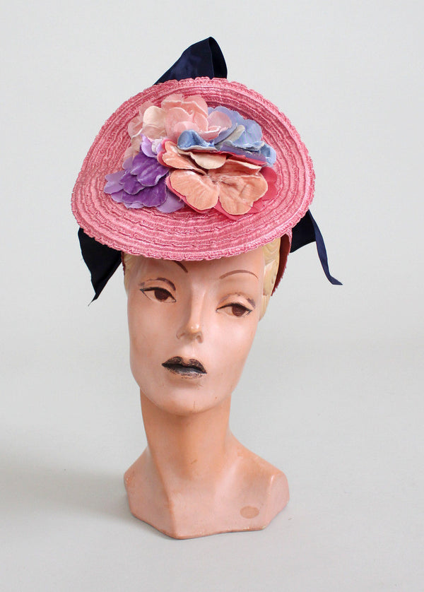Vintage 1930s Dramatic Pink Floral Straw Tilt Hat - Raleigh 