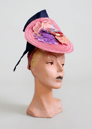 Vintage 1930s Dramatic Pink Floral Straw Tilt Hat