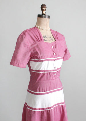 Vintage Late 1940s Raspberry Cream Cotton Day Dress